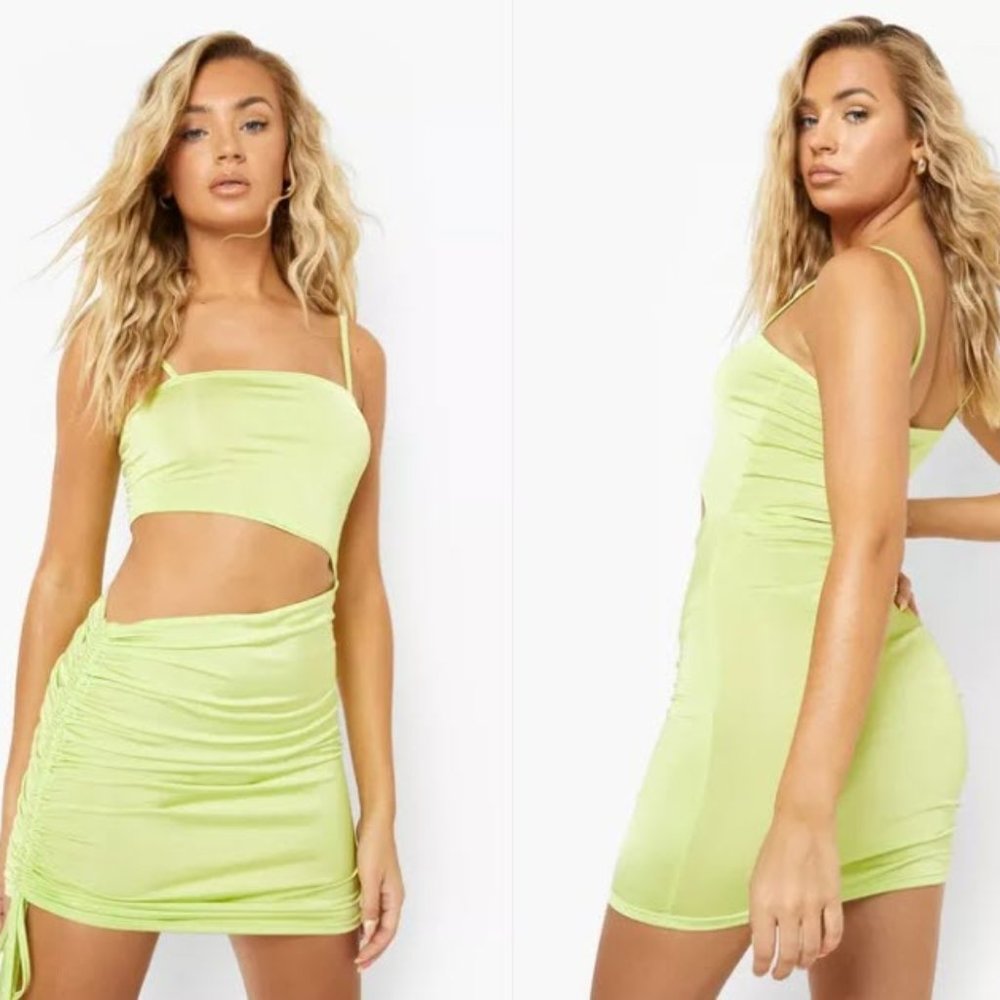 RECYCLED SLINKY CUT OUT RUCHED MINI DRESS - XL (Size 14)